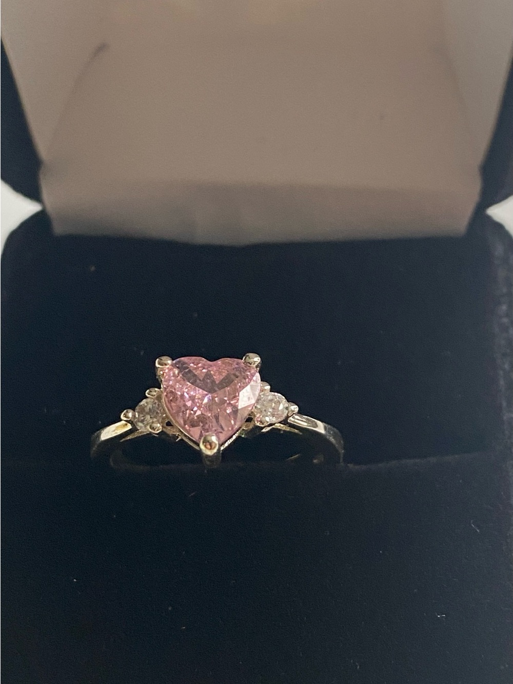 Sterling Silver Heart-Shaped Pink Crystal Ring with Clear Accent Stones